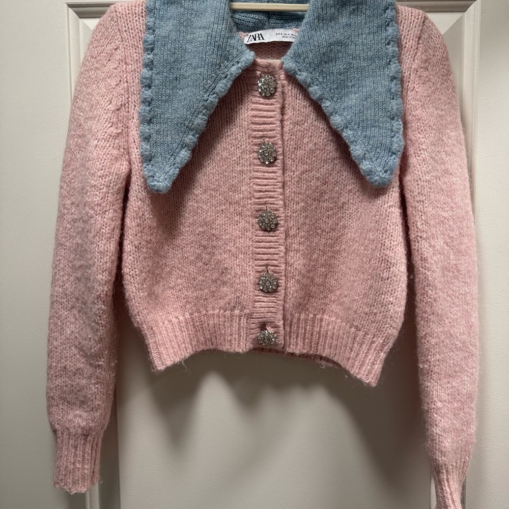 Zara Pink and Blue Cardigan with Oversized Collar